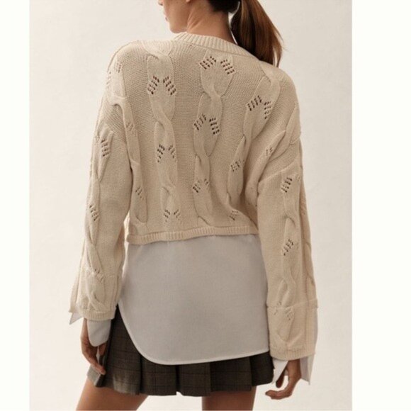 NWT Size M (P2P 24") - Anthropologie 100% cotton cable knit twofer Sweater Ivory - Picture 4 of 8
